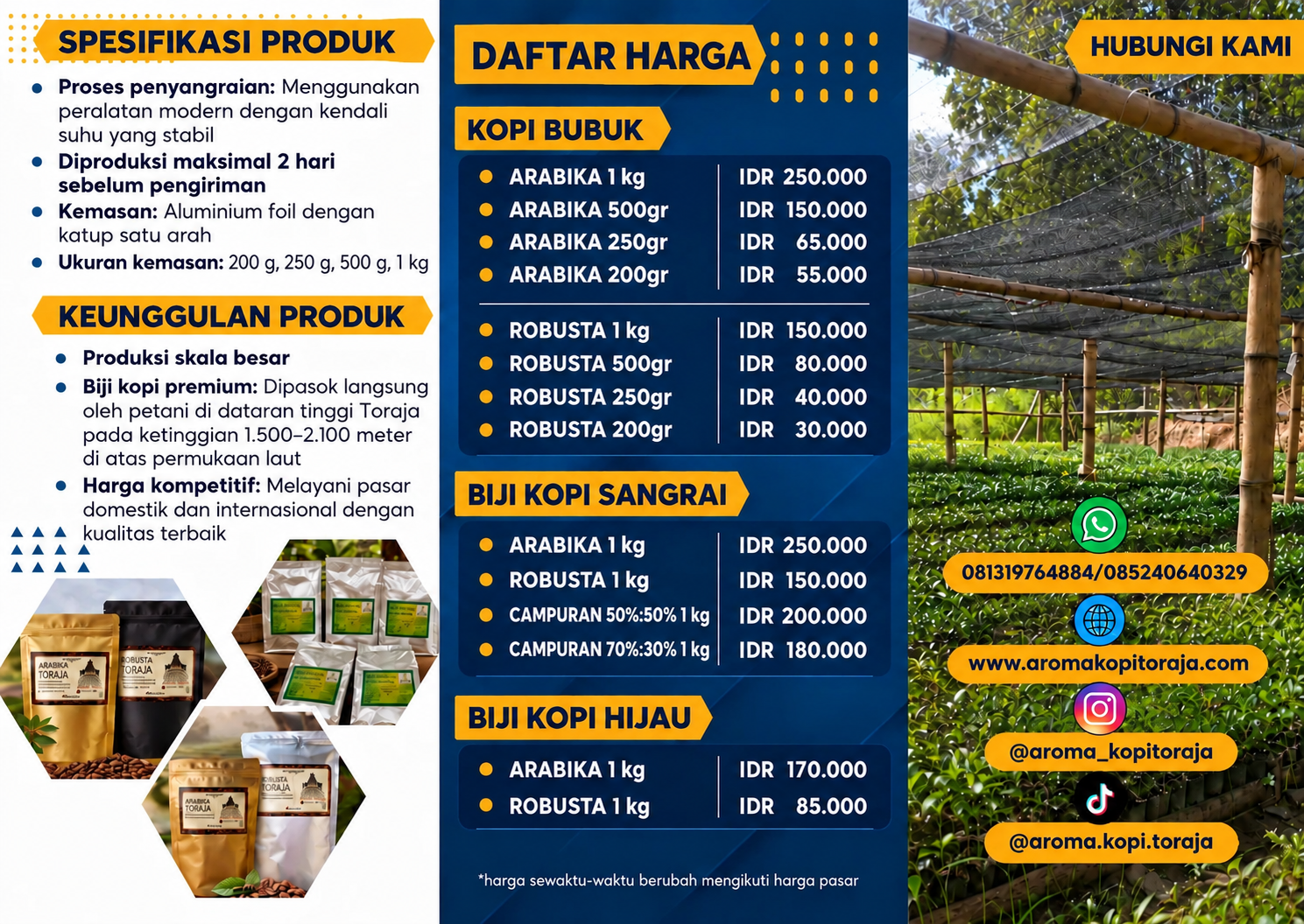 Brosur produk Aroma Kopi Toraja dalam bahasa Indonesia: spesifikasi produk, keunggulan, daftar harga dalam IDR, dan kontak.