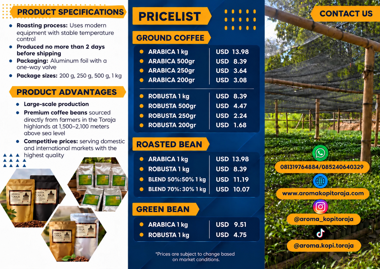 Aroma Kopi Toraja product brochure in English: product specifications, advantages, pricelist in USD and contact details.