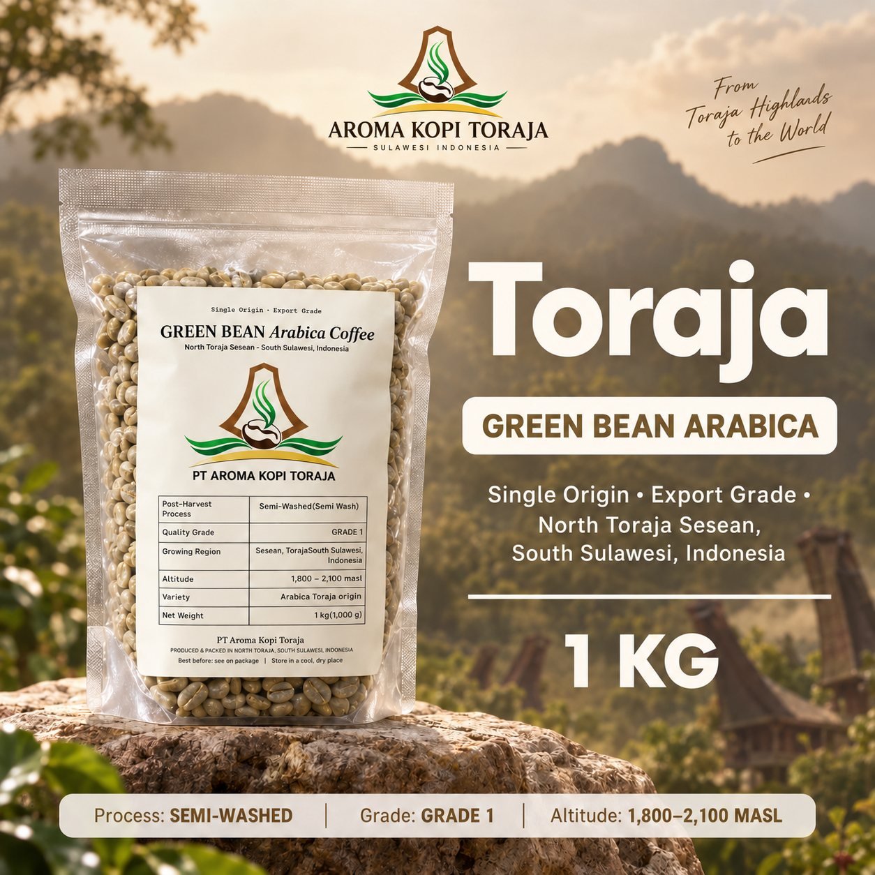 Toraja green bean Arabica coffee 1 kg pack