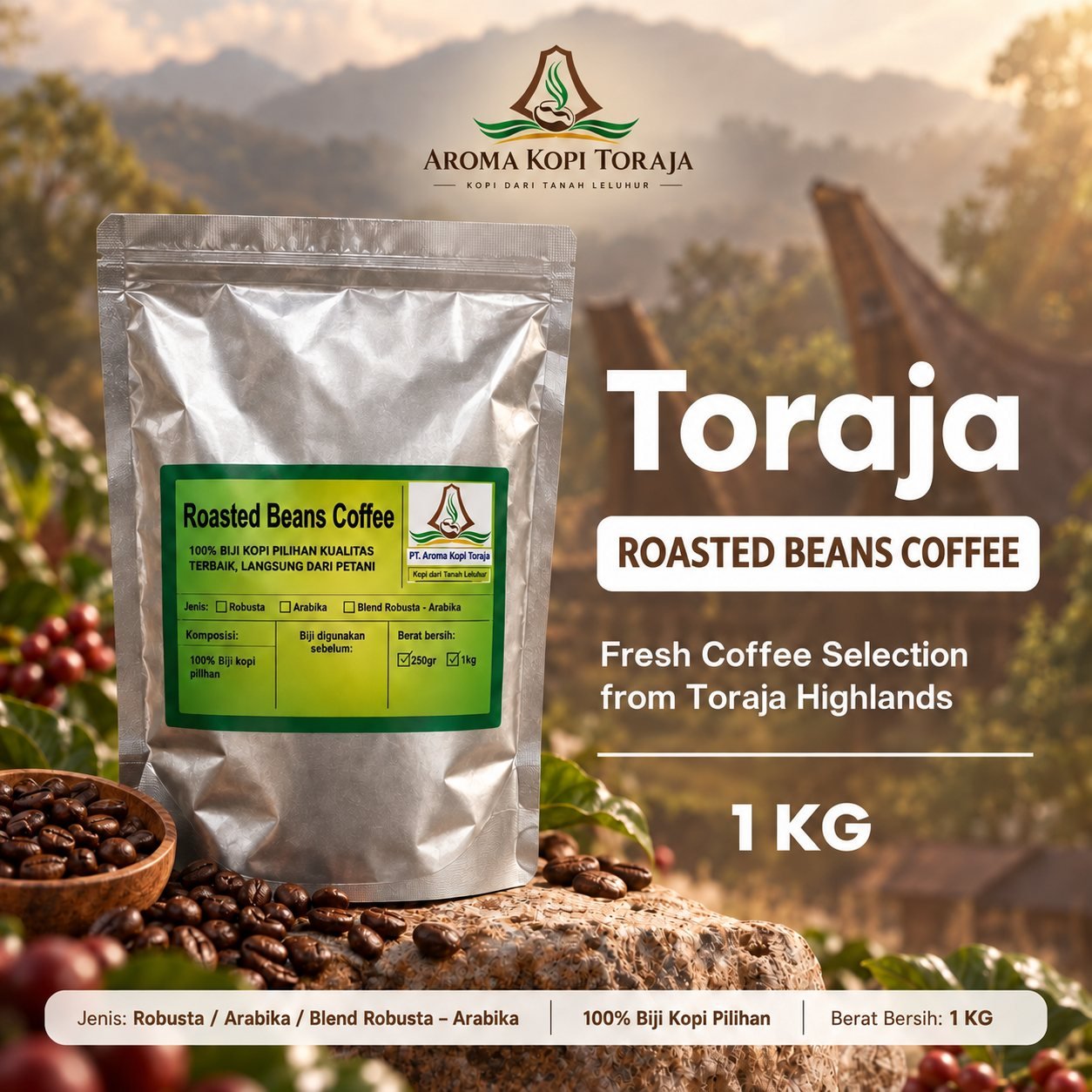 Toraja roasted bean coffee 1 kg pack