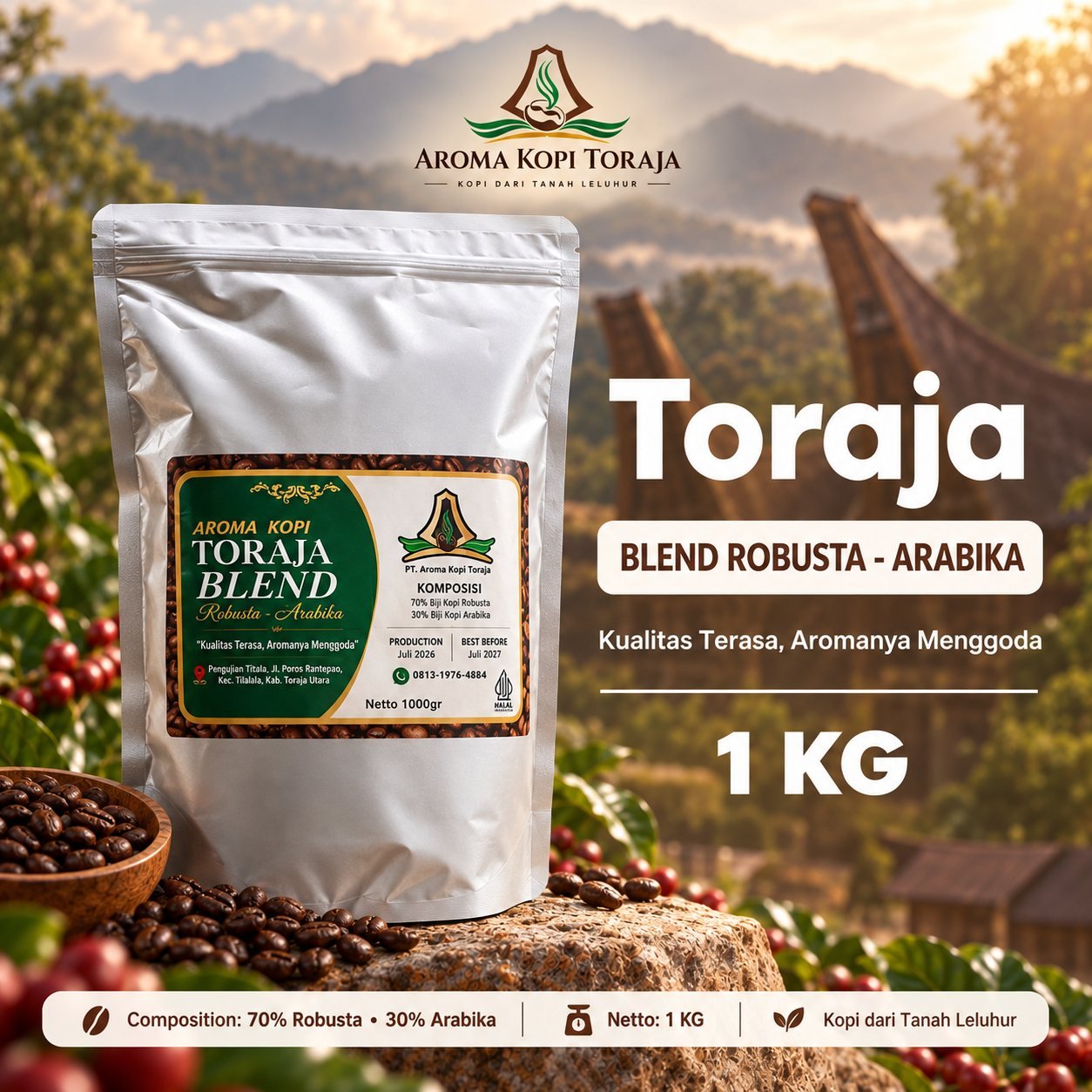 Toraja Blend 70% Robusta 30% Arabica coffee 1 kg pack